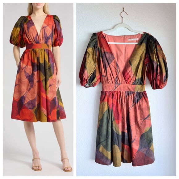 NWOT Hutch Kingston A-Line V-Neck Puff Sleeve Midi Dress in Red Multi Size Small